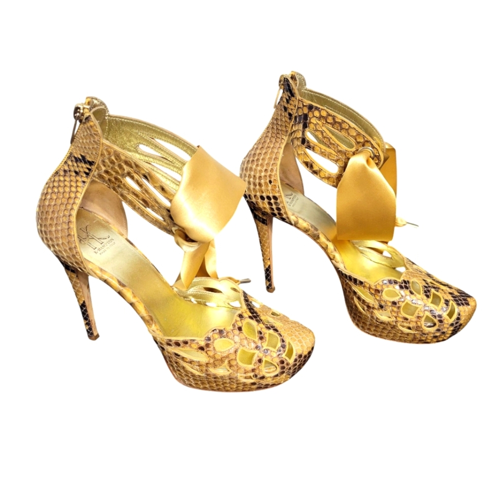 K Hampton WEALTH-Platform Sandal Snakeskin Heels with Gold Accents Size 39 (8.5)